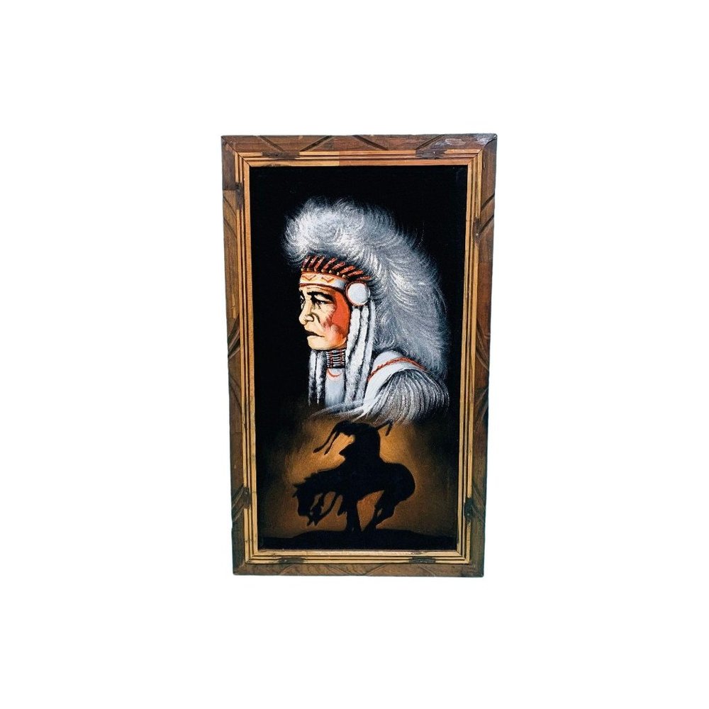 Vintage 70s Chief Painting Black Velvet Native American Mexico Painting